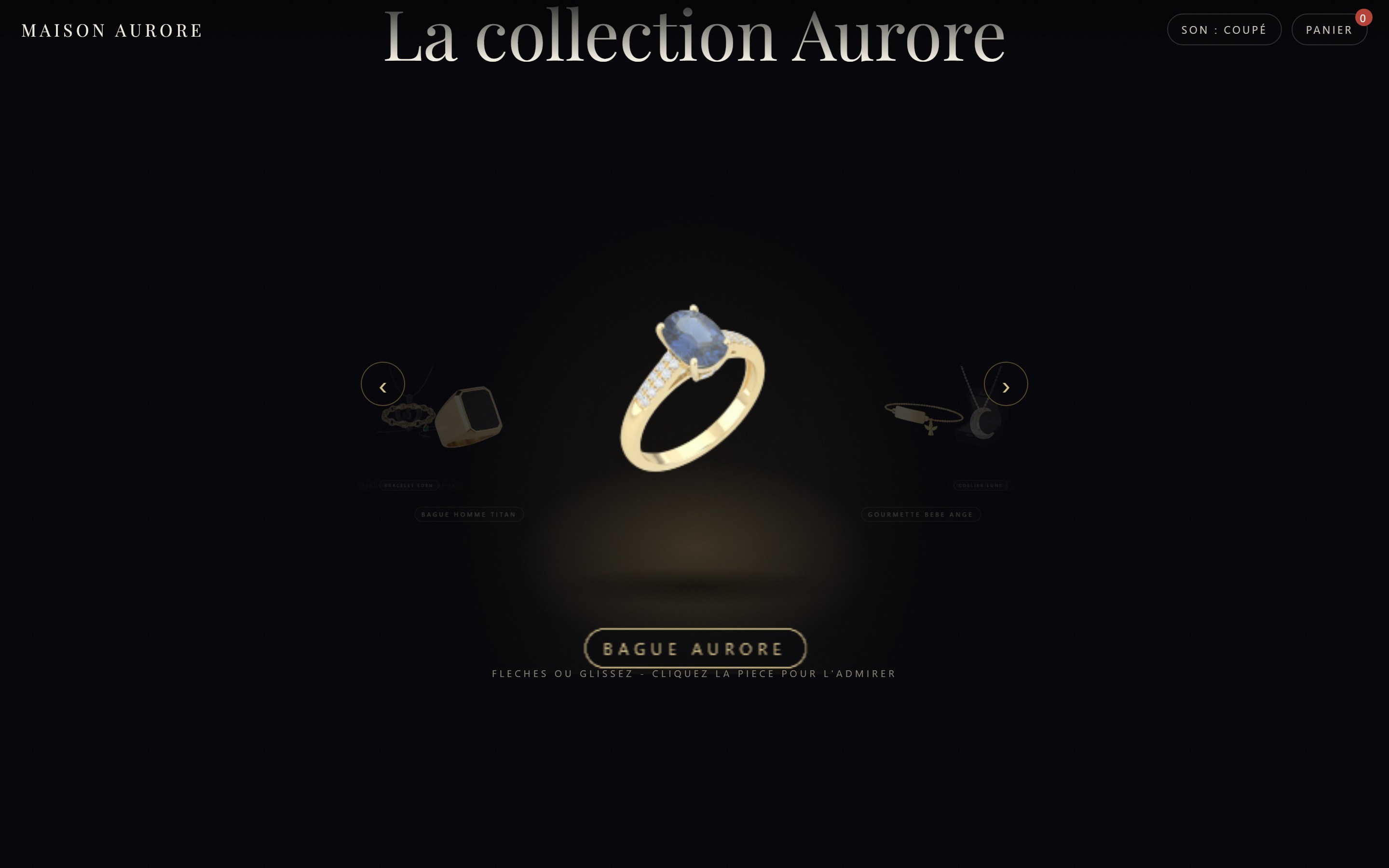 Page d'accueil de la Maison Aurore, une bague pr&eacute;sent&eacute;e en vitrine
