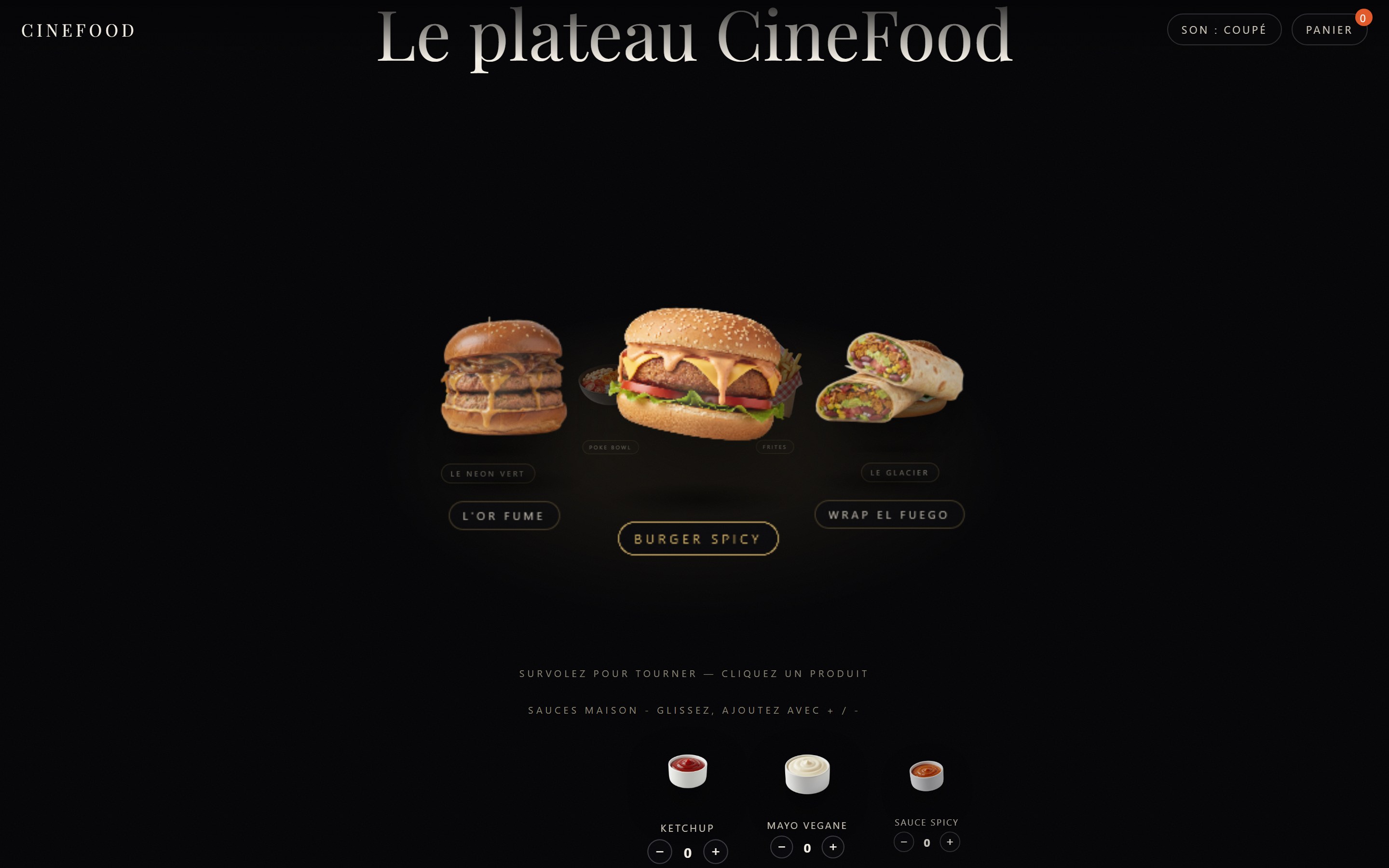 Page d'accueil du site CineFood, le plateau de plats en mouvement