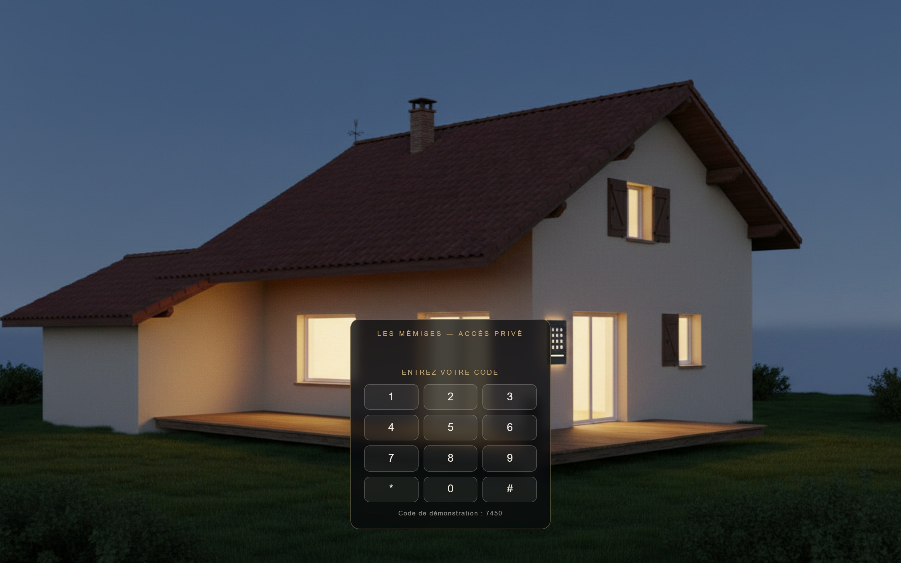 Page d'acc&egrave;s des M&eacute;mises, maison &eacute;clair&eacute;e au cr&eacute;puscule et clavier &agrave; code